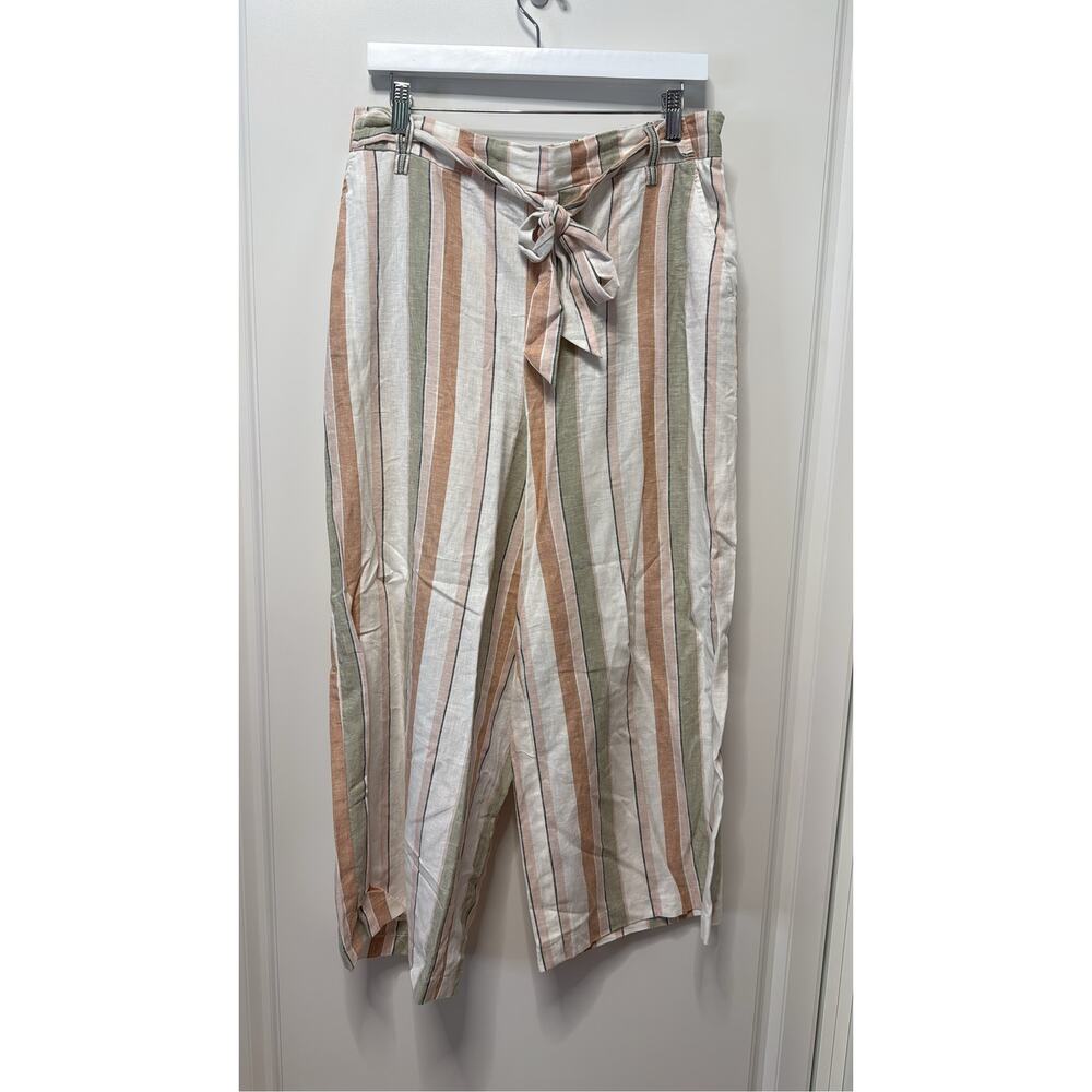 Rachel Zoe Size 12 Striped Linen Blend Wide Leg Cropped Pants Tie Waist - Picture 2 of 5